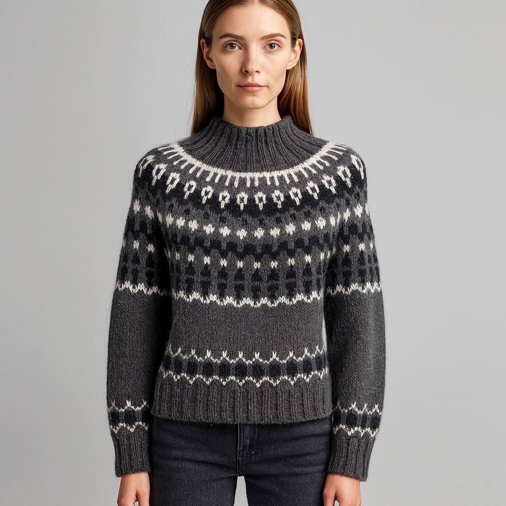 MODA INTERNATIONAL‎ Fair Isle Nordic Mock Neck Sweater Grey Black White Small